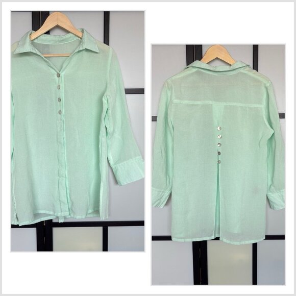 Fridaze Linen Blouse Top Shirt Button Up Womens Medium Mint Green Lagenlook Boho - Picture 1 of 14